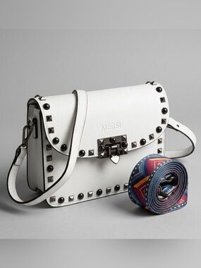 MERSI White Studded Leather Crossbody Bag with 2 removable Straps